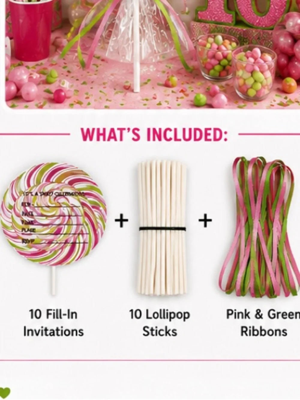 Pink & Green Lollipop Party Invitations 🍭 Teen Candy Birthday – Pack of 10